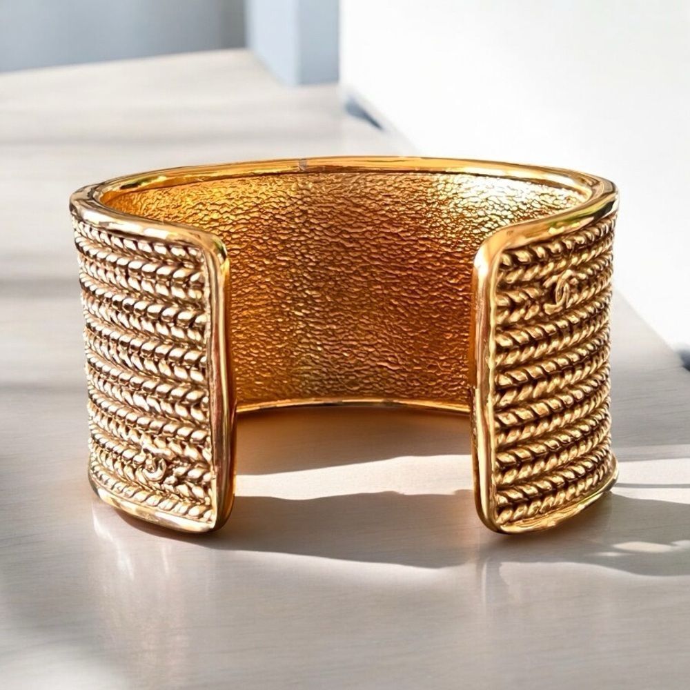 Chanel Gold Plated Textured Cuff Bracelet - Picture 2 of 7